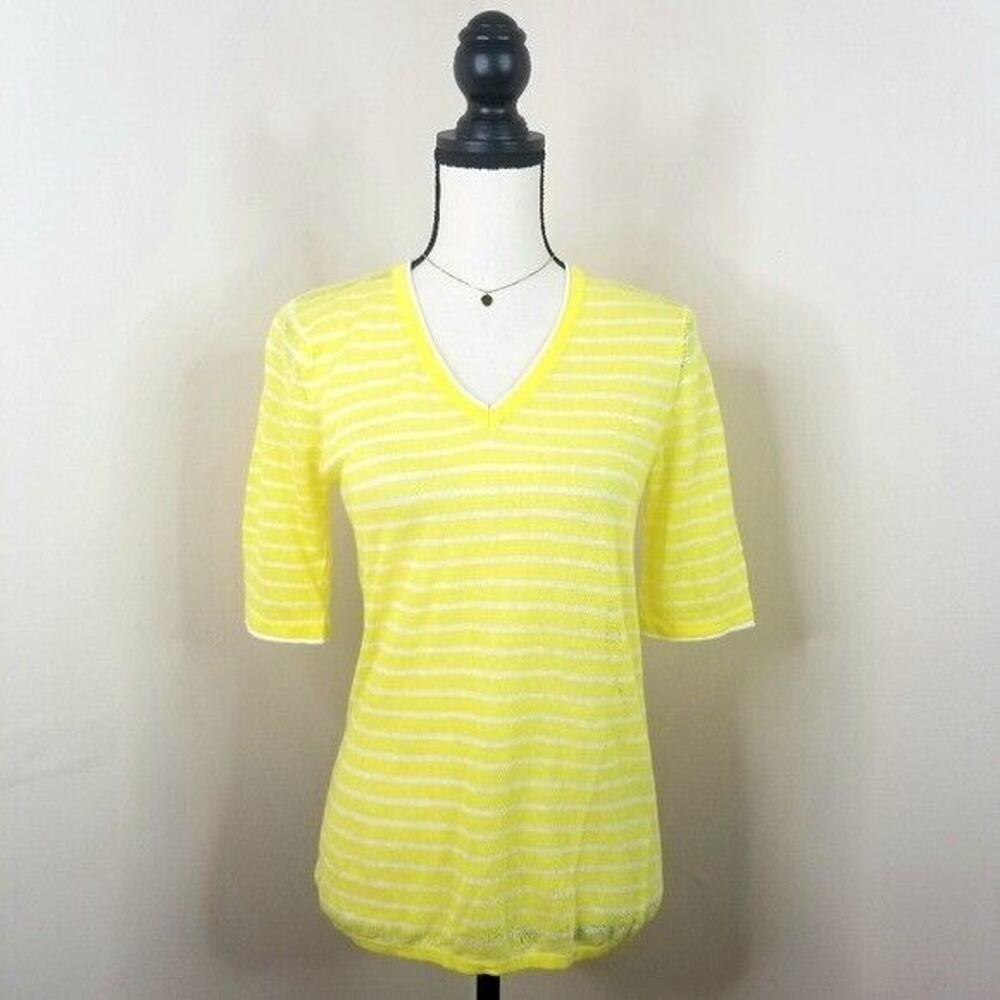 Women CAARA Linen V Neck Shirt L Yellow White Stripe Beach Yachtcore Natural NEW